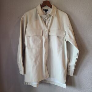 Steve Madden Womens Bone Ivory Faux Vegan Leather Boyfriend Shirt‎ Jacket S NEW